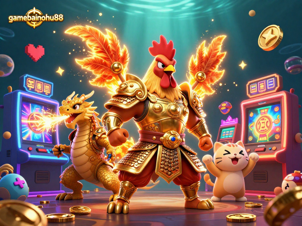Experience the excitement of gamebainohu88 with a stunning 3D slot gaming scene featuring vibrant characters and arcade machines.