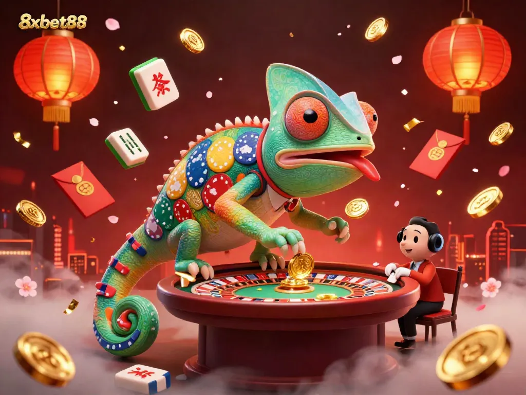 Experience thrilling gaming excitement with 8xbet88, featuring a dynamic chameleon casino owner, poker elements, and festive decorations.