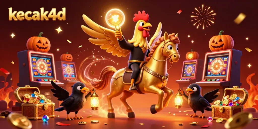 Experience the thrilling kecak4d action with golden rooster characters and vibrant casino elements.
