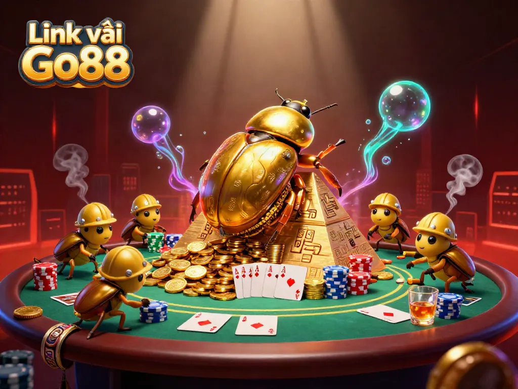 Roll golden coins with Link vào Go88 in a vibrant casino setting filled with poker elements.