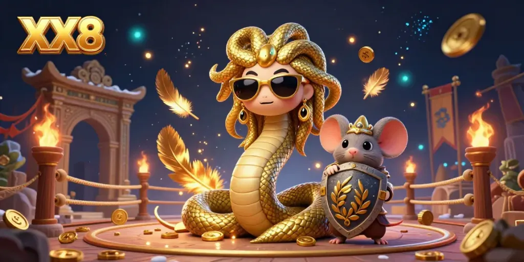 Experience the vibrant action of gambling with the XX8 Medusa and warrior mouse in an exciting casino-themed scene.
