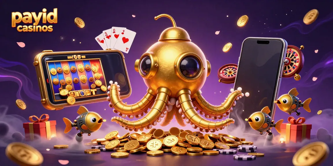 Experience exciting PayID casinos with a golden kraken submarine, colorful slots, and vibrant gaming elements.