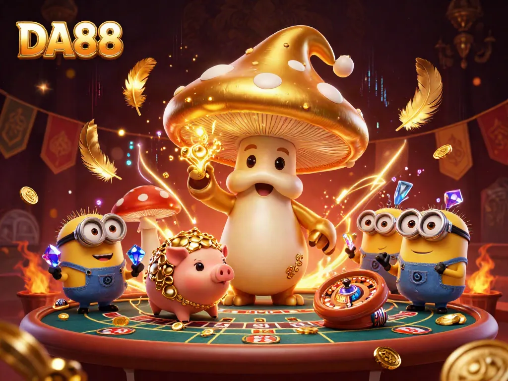 DA88 engaging players in a vibrant casino scene with a golden wizard and treasures.