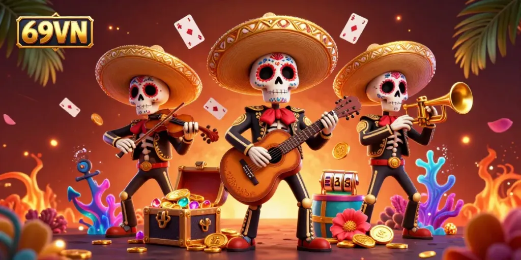Experience the vibrant zest of 69VN's digital casino with a colorful mariachi band surrounded by gaming excitement.