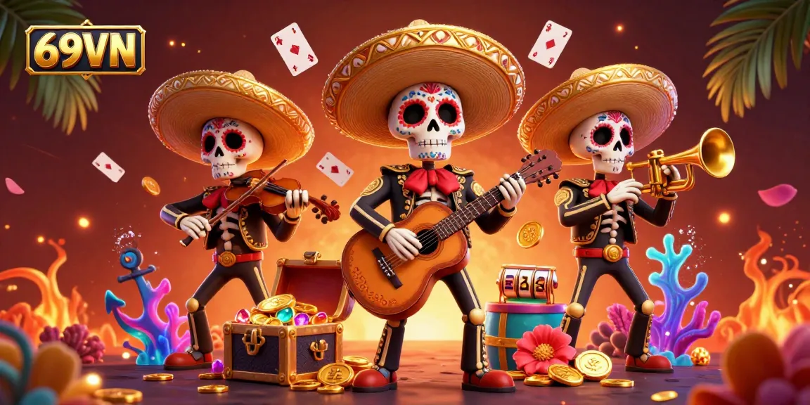 Experience the vibrant zest of 69VN's digital casino with a colorful mariachi band surrounded by gaming excitement.
