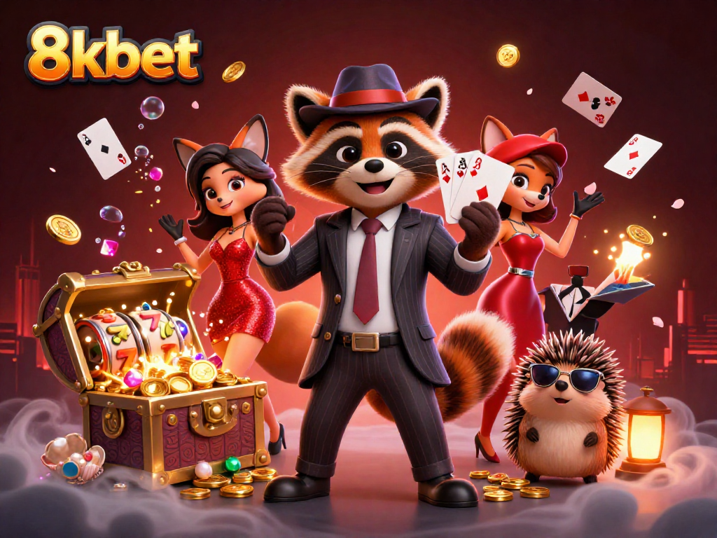 Experience thrilling moments at 8kbet with a suave raccoon, glamorous fox, and lively atmosphere.
