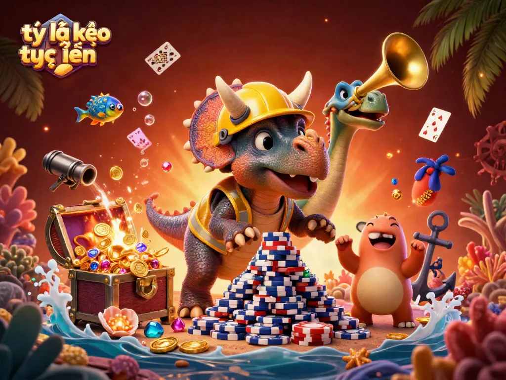 Bet square feeling the excitement of tỷ lệ kèo trực tuyến as triceratops celebrates in a vivid casino scene.
