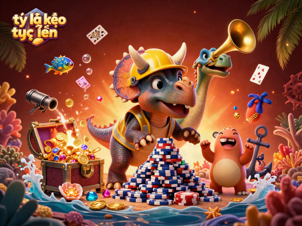 Bet square feeling the excitement of tỷ lệ kèo trực tuyến as triceratops celebrates in a vivid casino scene.