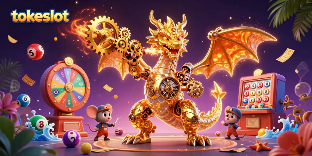 Engage with tokeslot in a vibrant 3D scene featuring a mythical golden dragon and dynamic lottery elements.