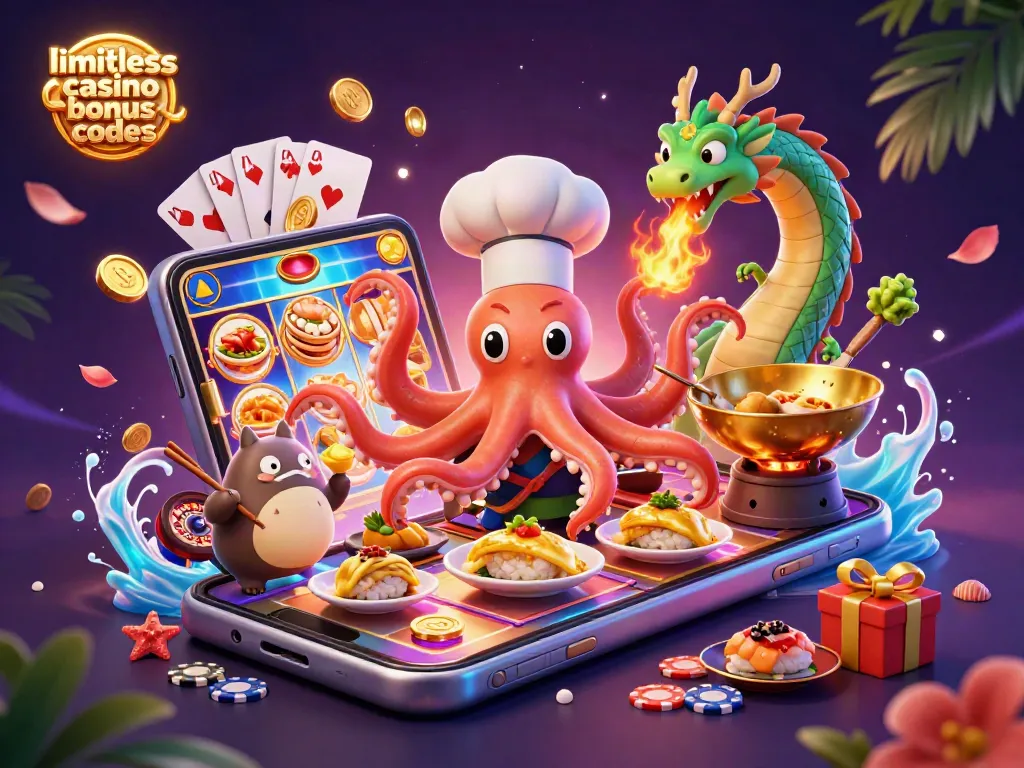 Experience limitless casino bonus codes through engaging 3D illustrations of exciting gaming elements and characters.