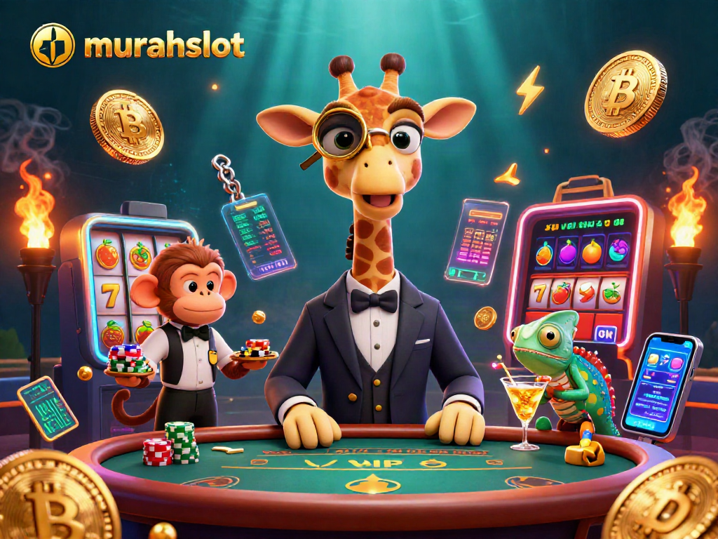 Gambarkan momen menang di murahslot dengan jerapah elegan, valet monyet dan bartender agama, semua dikelilingi simbol slot.