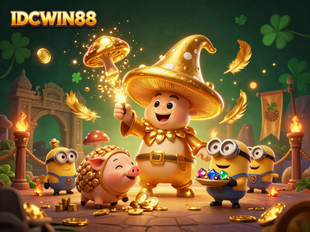 Experience the magic of IDCWIN88 with a golden mushroom wizard, treasure, and vibrant 3D casino elements.