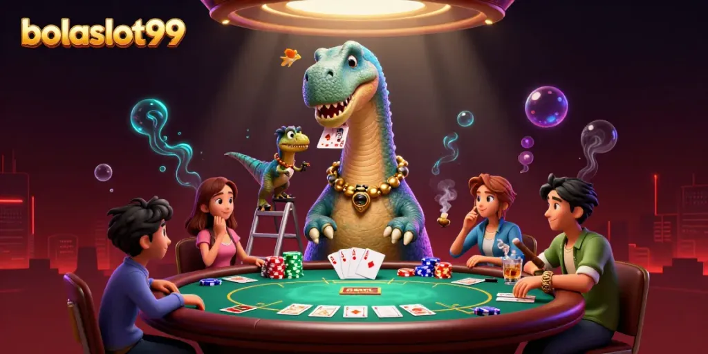 Experience the vibrant world of bolaslot99 as dinosaurs interact with exciting poker elements.
