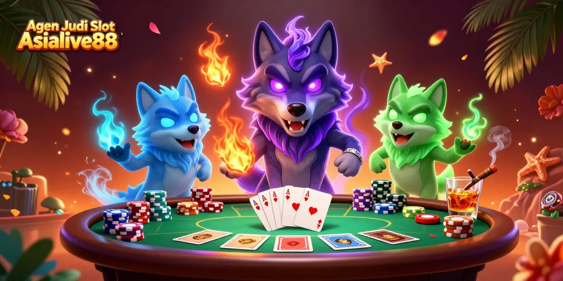Agen Judi Slot Asialive88 highlights a dynamic scene with poker elements and ghostly wolf characters.