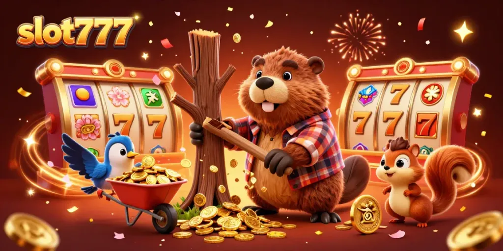 Menghasilkan kemenangan di slot777 dengan karakter kartun beaver yang memotong pohon menghasilkan koin emas dan dikelilingi elemen slot.