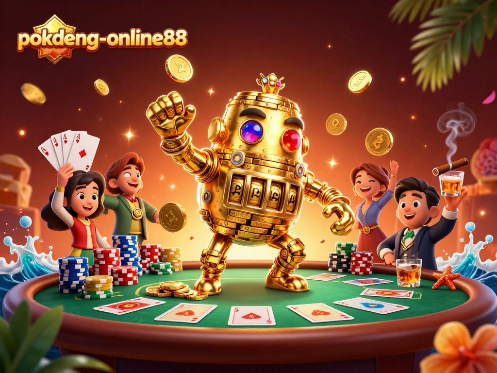 Experience the excitement of poker with pokdeng-online88's vibrant casino scene featuring a golden golem.
