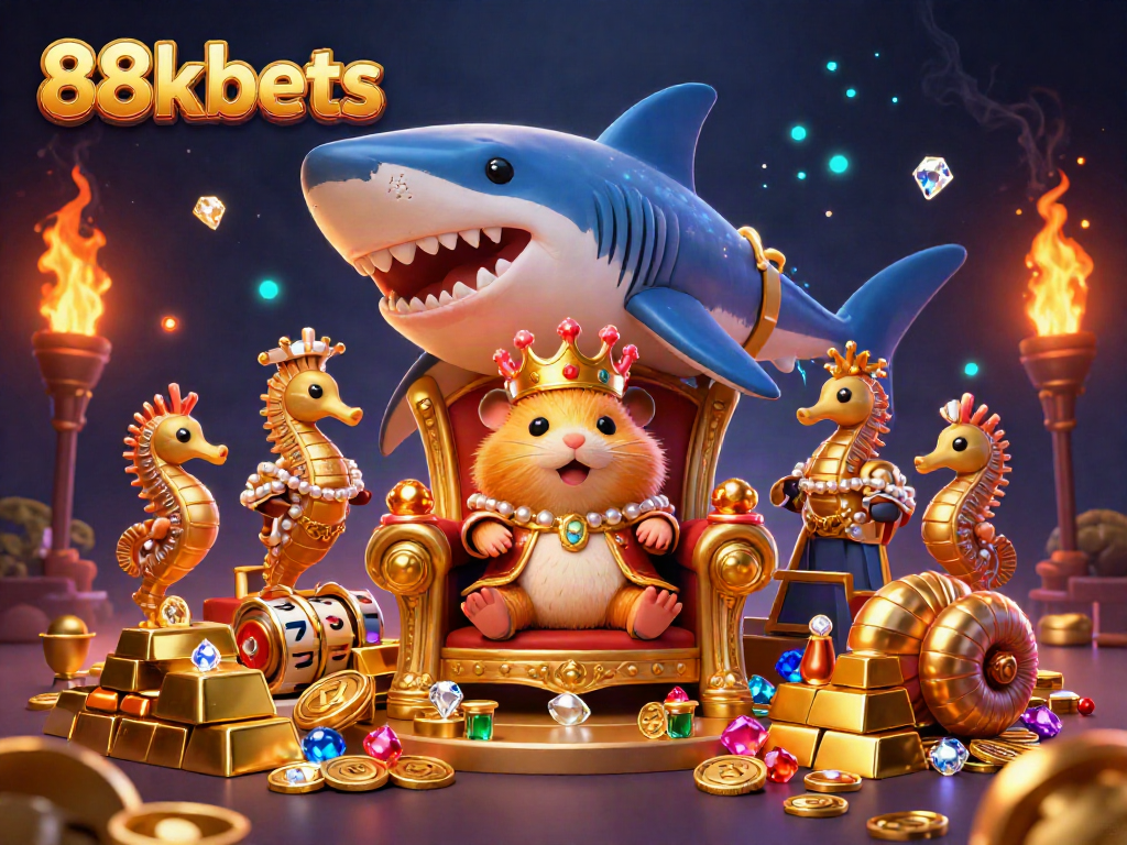 Engage with 88kbets at this vibrant and dynamic gaming scene featuring golden treasures and iconic gambling elements.