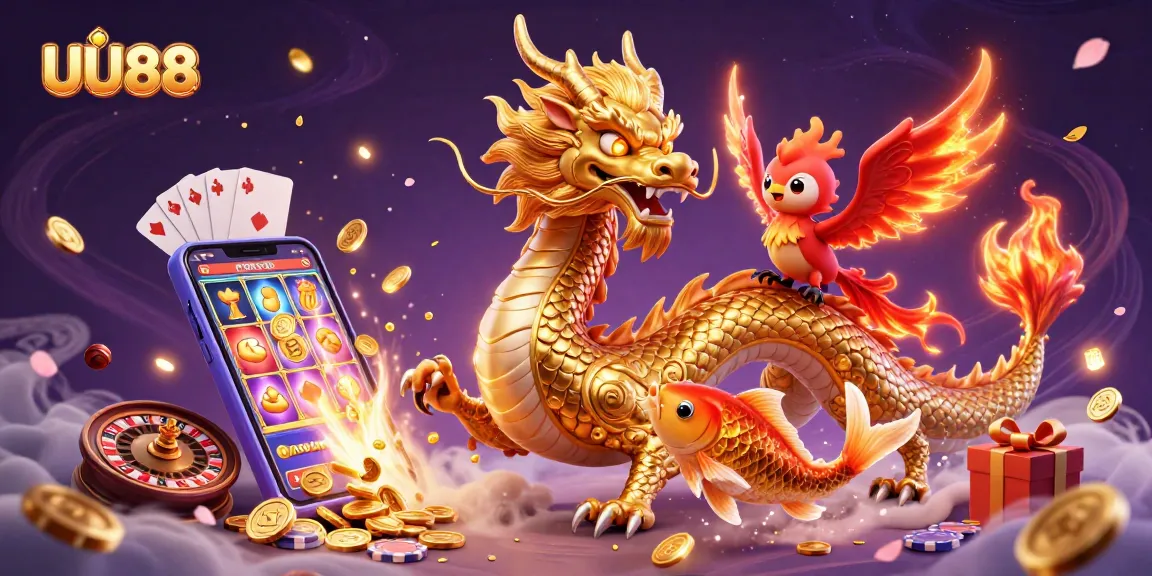 UU88 players enjoying vibrant casino games with a golden dragon and phoenix in this 3D illustration.
