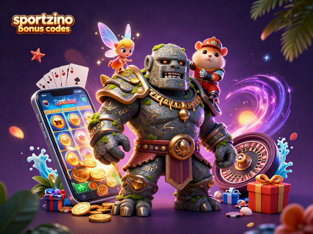 Win big with sportzino bonus codes in a vibrant 3D casino scene filled with action.