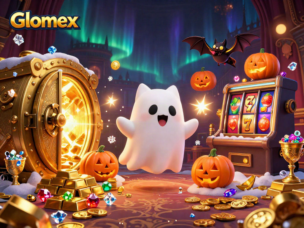 Glomex unveils a vibrant haunted casino scene with a ghost cat and vampire bat winning treasures.
