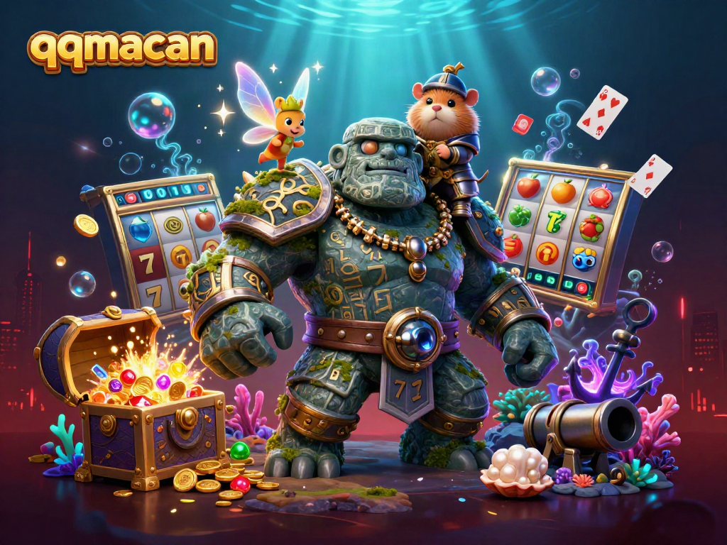 Engage in thrilling slots at qqmacan with a vibrant golem, a fairy casting magic, and rich casino elements.