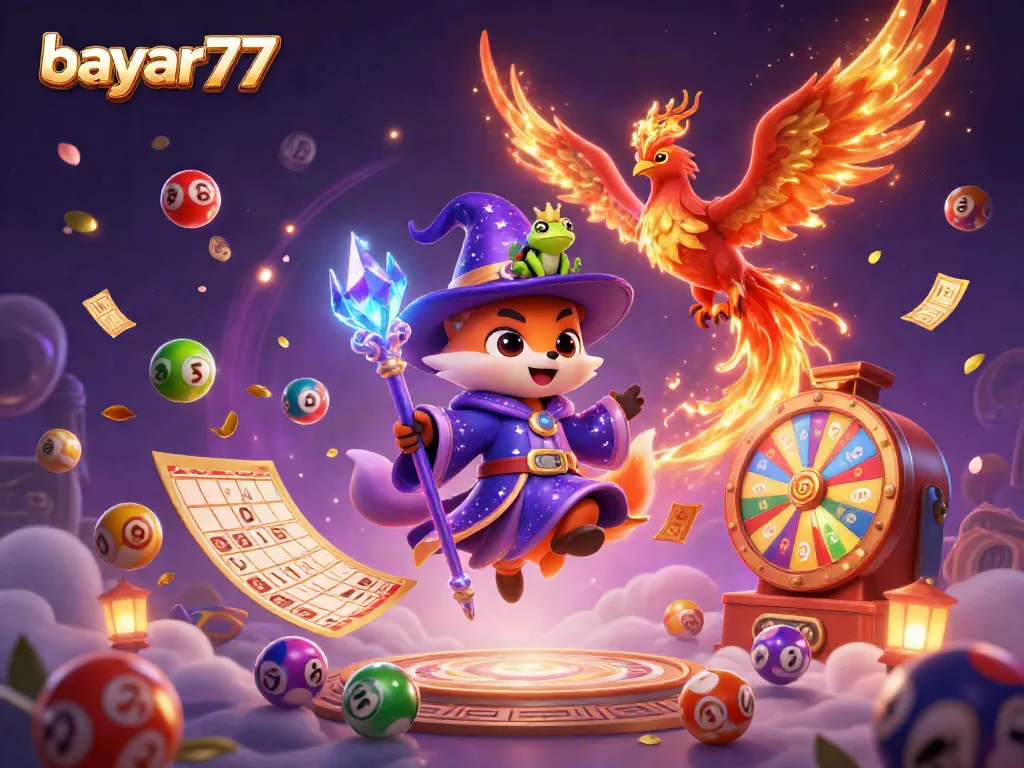 Engage with bayar77 in a magical lottery scene filled with vibrant gaming elements